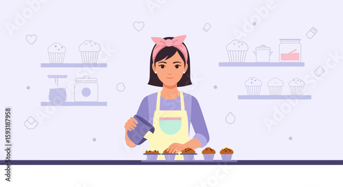 Cheerful Woman Baking Cupcakes At Home Kitchen With Happiness And Enjoyment