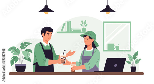 Barista Serving Cold Brew To Colleague At Coffee Shop In Flat Design