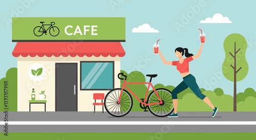 Active Lifestyle Scene At Café With Cyclist And Healthy Drink Choices Illustration