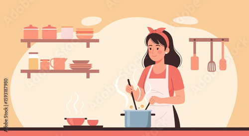 Cheerful Woman Cooking Meal In Kitchen With Utensils And Steam On Warm Color Palette