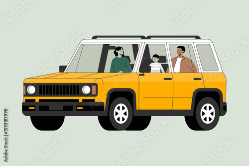 A joyful family is seen in a cheerful yellow SUV, capturing the essence of adventure and togetherness during a memorable road trip experience on a beautiful day.