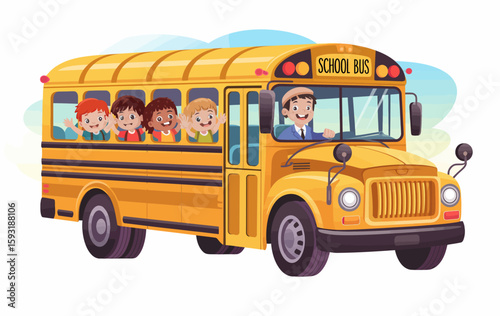 A vibrant illustration capturing children joyfully riding a school bus, symbolizing adventure, education, and camaraderie amongst young friends during school days.