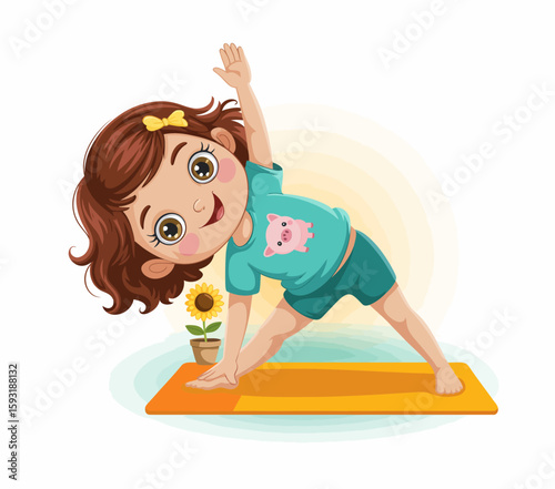 This delightful illustration shows a young girl performing a yoga pose on a mat, embodying the essence of mindfulness, flexibility, and joy in physical activity.