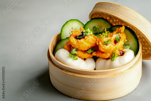 Asian Fusion Bao with Lobster Tempura and Cucumber Close-Up