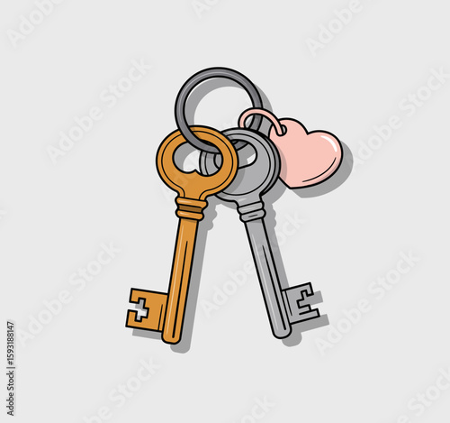 A stylish illustration of a keyring with colorful keys and a heart-shaped keychain, symbolizing security, love, and the unlocking of new opportunities.