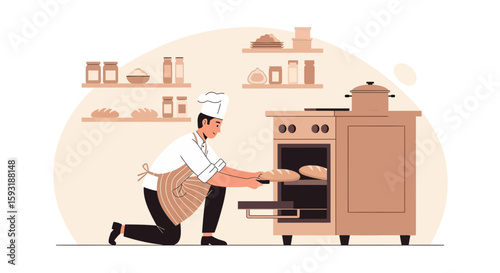 Chef Bakes Bread With Enthusiasm In Cozy Kitchen Interior Illustration