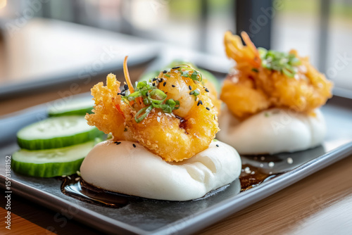 Asian Fusion Bao with Lobster Tempura and Cucumber Close-Up