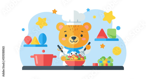 Chef Bear Prepares A Healthy Salad Meal In The Kitchen Illustration
