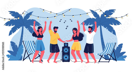 Beach Party With Friends Enjoying Music Under Palm Trees And String Lights