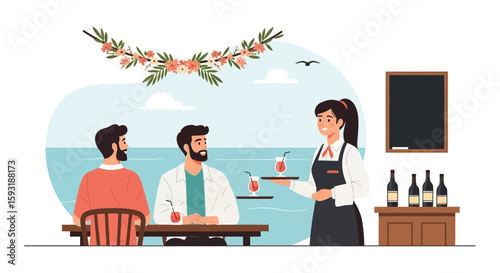 Beachfront Bar Attendant Serving Customers Delicious Drink Near The Seaside