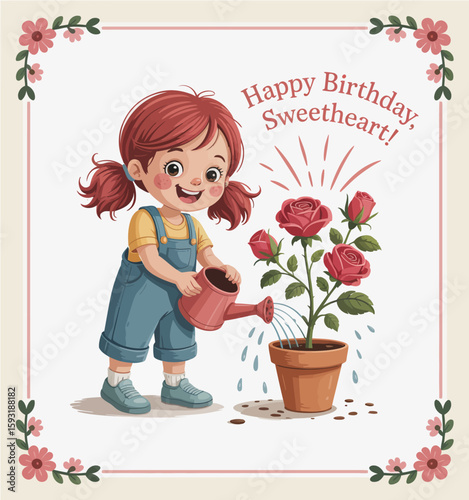 An adorable illustration of a cheerful girl watering roses, signifying joy and care, alongside a festive 'Happy Birthday Sweetheart!' wish, perfect for birthday greetings and love.