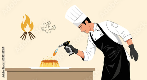 Chef Caramelizing Sugar On Custard Dessert With Culinary Torch Illustration