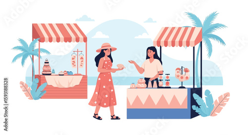 Beachfront Shopping: Woman Browsing Handmade Crafts At Tropical Market Stalls