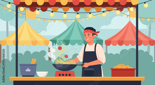 Chef Cooking Noodles At Outdoor Market Cartoon Food Stall Scene