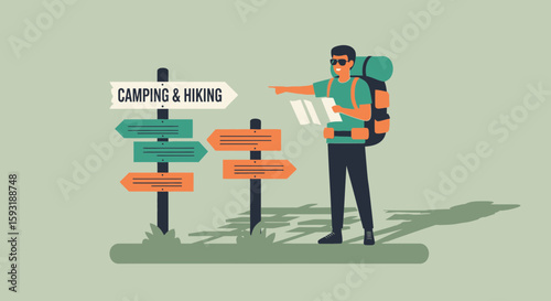 Adventure Awaits: Hiker Consults Map At Signpost For Camping And Hiking Trails