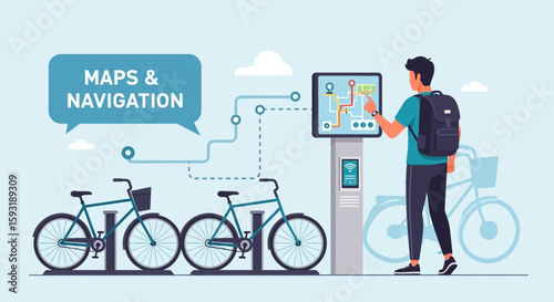 Bike Sharing And Navigation System With Man Using Touch Screen Kiosk