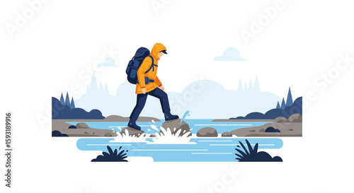 Adventurer Crossing River On Stones With Mountain Backdrop Illustration