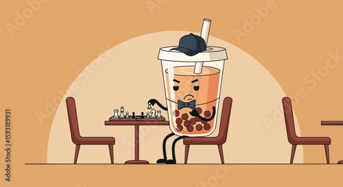 Boba Tea Cartoon Character Playing Chess With Serious Expression