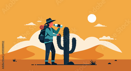 Adventurer Enjoying Water Near Cactus During Sunny Day Desert Exploration