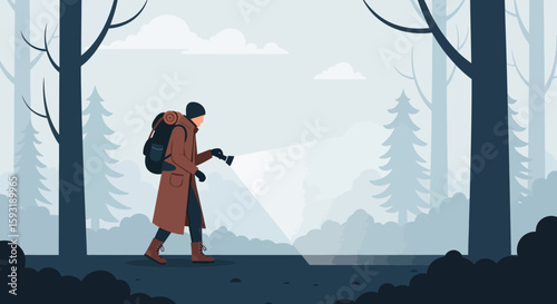 Adventurer Exploring Dark Forest With Flashlight On Nature Trail At Night
