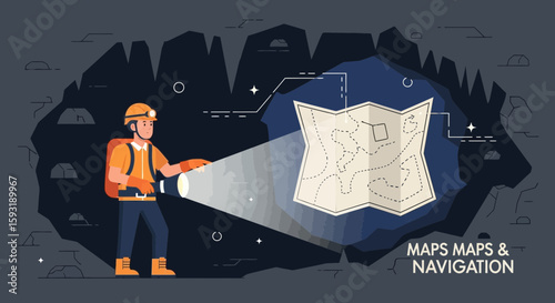 Adventurer Exploring Cave With Map And Flashlight Adventure Discovery Travel Concept