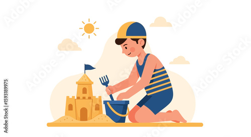 Boy Building Sandcastle On Summer Vacation At The Beach Concept Illustration