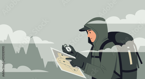 Adventurer Exploring Mountain Terrain Using Compass And Map In Overcast Weather Conditions