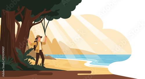 Adventurer Exploring Scenic Tropical Beach Landscape Under Sun Rays And Majestic Mountains