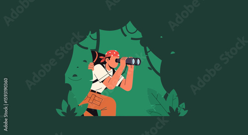 Adventurer Exploring Wildlife Observing Nature Using Binoculars In Lush Forest