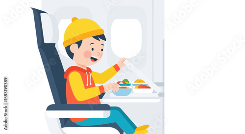 Boy Enjoying Meal On Airplane Ready For A Journey To New Adventures