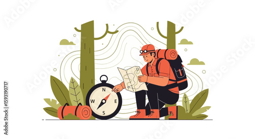 Adventurer Finding His Way Using a Topographic Map and Compass In The Wild