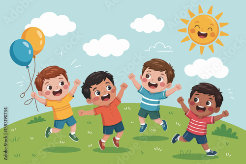 A vibrant scene of four children joyfully jumping on a grassy hill under a bright sun, representing the carefree spirit of childhood and the joy of outdoor play.