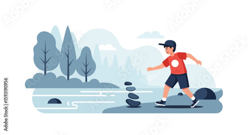 Boy Having Fun Tossing Stones Into The River With Scenic Landscape