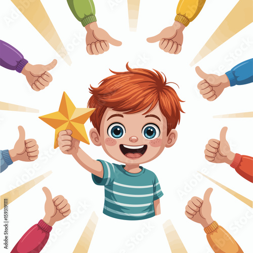 A joyful child holding a bright gold star award, surrounded by enthusiastic thumbs up from colorful hands, encapsulating the joy of achievement and recognition.
