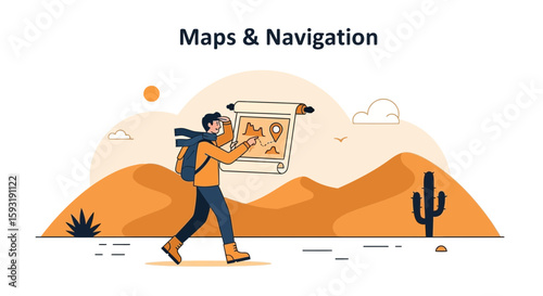 Adventurer Navigating the Desert Using an Ancient Map for His Treasure Hunt