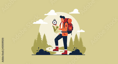 Adventurer Navigating Wilderness With Map And Compass On Sunny Day Adventure