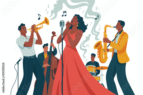 A vibrant jazz band performing live, with musicians playing various instruments including a saxophone, trumpet, and a female singer captivating the audience with soulful music.