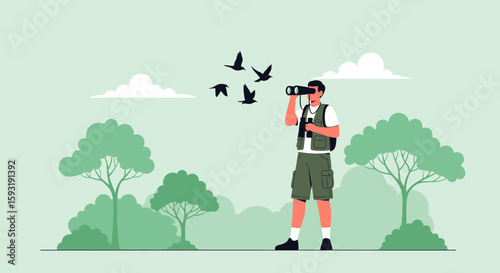 Adventurer Observes Avian Wonders With Binoculars In Natural Environment