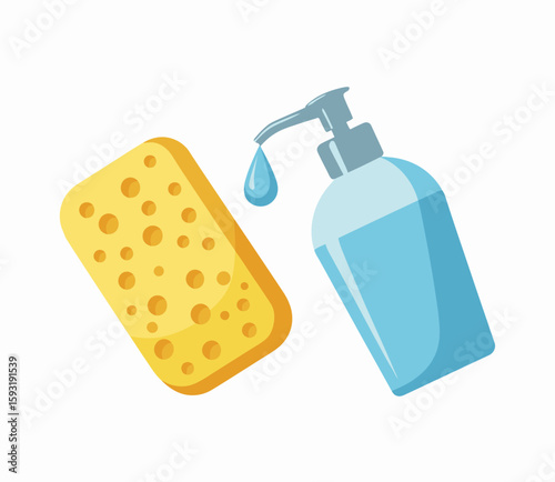 An illustration of a sponge alongside a bottle of liquid soap, highlighting essential cleaning tools that promote hygiene and cleanliness in everyday life.