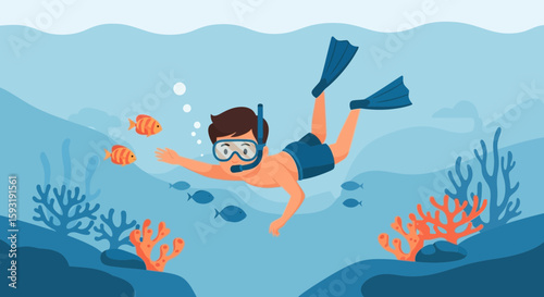 Boy Snorkeling Adventure Discovering Coral Reefs And Tropical Fish In Blue Water