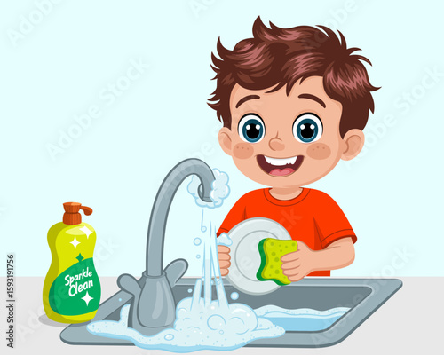 A smiling child joyfully washes dishes at the sink, representing the fun and learning aspect of household chores through engaging activities for children in a bright setting.