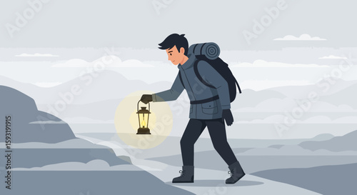 Brave Traveler Exploring Snowy Mountains With Glowing Lantern On A Winter Day