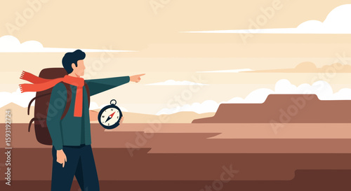 Adventurer With Compass Exploring Wilderness Area On A Desert Landscape Expedition