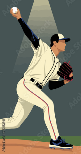 A focused baseball pitcher delivers a pitch under a spotlight, showcasing form and athleticism. The scene captures the essence of sportsmanship and dedication to the game.