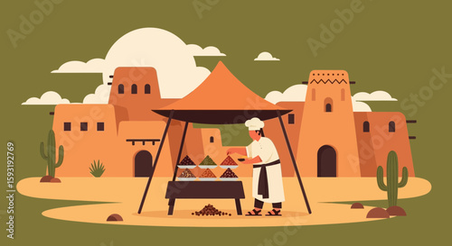 Chef Preparing Spices In A Middle Eastern Village At A Street Market