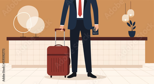 Business Traveler Arriving At A Modern Hotel With His Luggage And Passport