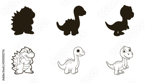 Collection of dinosaur silhouettes and line art illustrations on white background