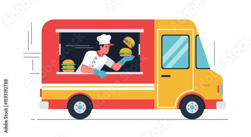 Chef Preparing Tasty Burgers In A Food Truck Ready For Customers
