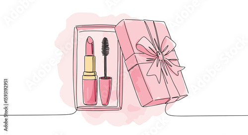 Pink lipstick and mascara in gift box cosmetics present concept – one line doodle drawing with watercolor fill, minimalistic vector illustration on white background

