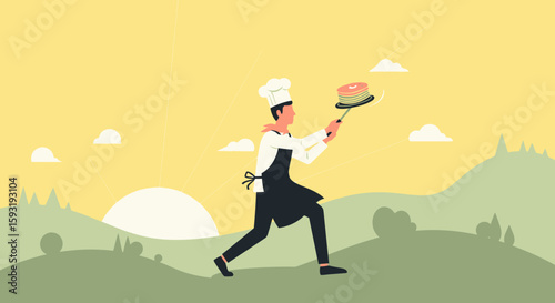 Chef Running With Pancake Stack In Frying Pan Against A Scenic Background